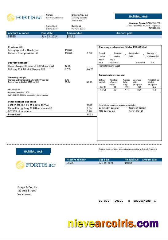 Canada British Columbia FortisBC business utility bill